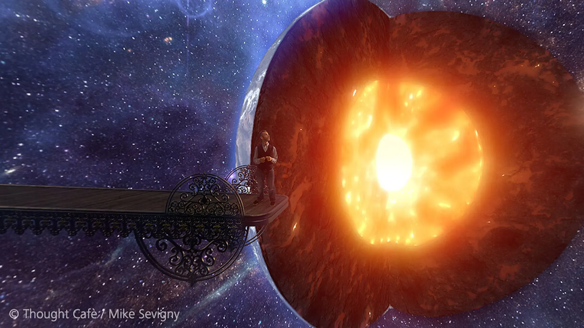A Curious Mind VR episode surrounded by layered collage imagery in a full 360 environment