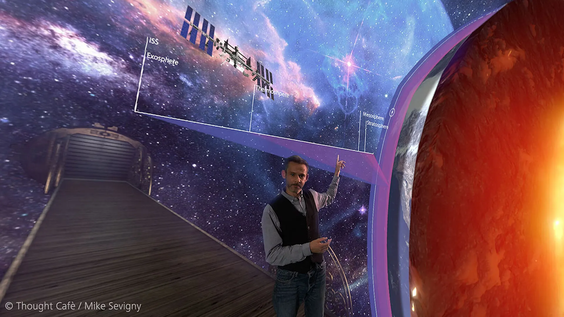 A Curious Mind VR with Dominic Monaghan standing inside a cross-section of the Earth's crust layers