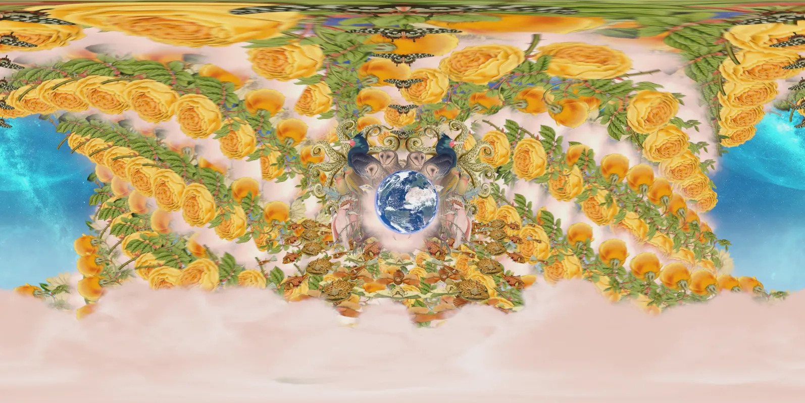 A Curious Mind VR kaleidoscopic psychedelic scene with illustrated flowers and owls in symmetrical patterns