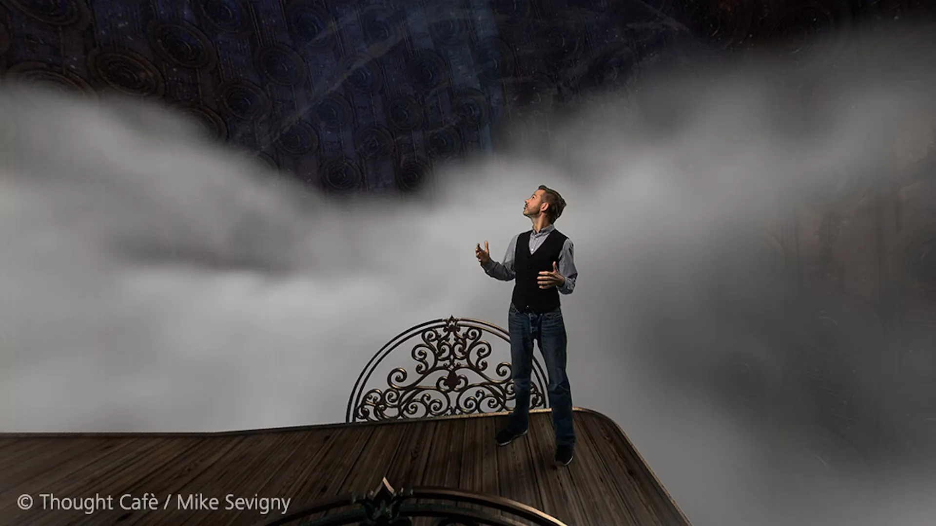 A Curious Mind VR walkway scene leading the viewer into a surreal illustrated landscape