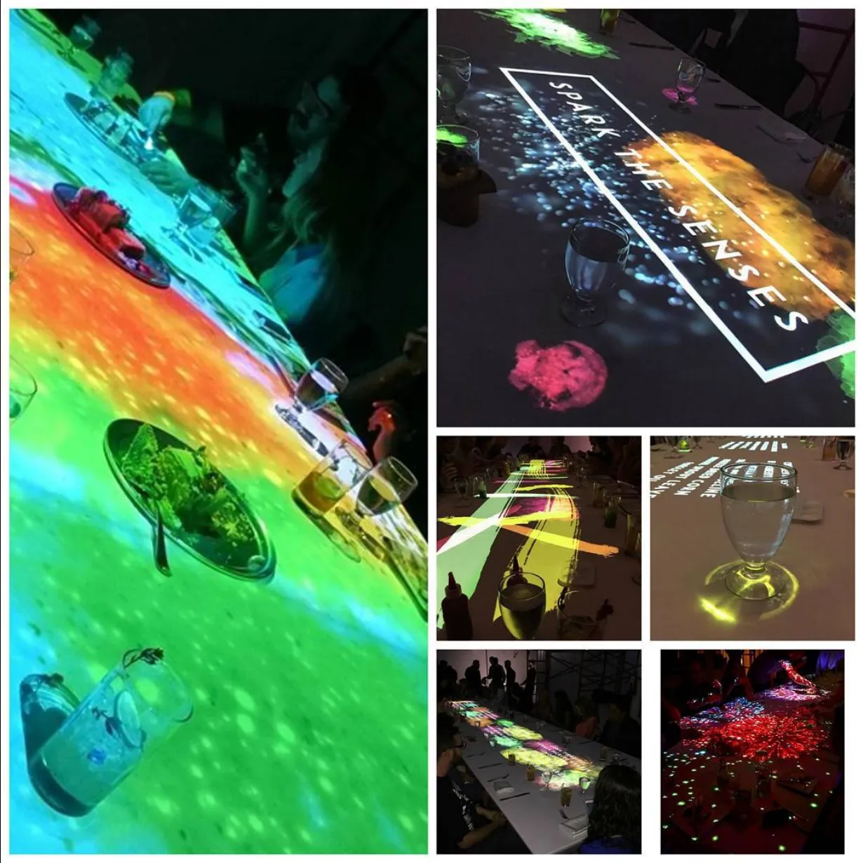 Spark the Senses immersive dining table at Art Basel Miami with multi-projector mapping casting course visuals onto the surface and a suspended scrim above the guests