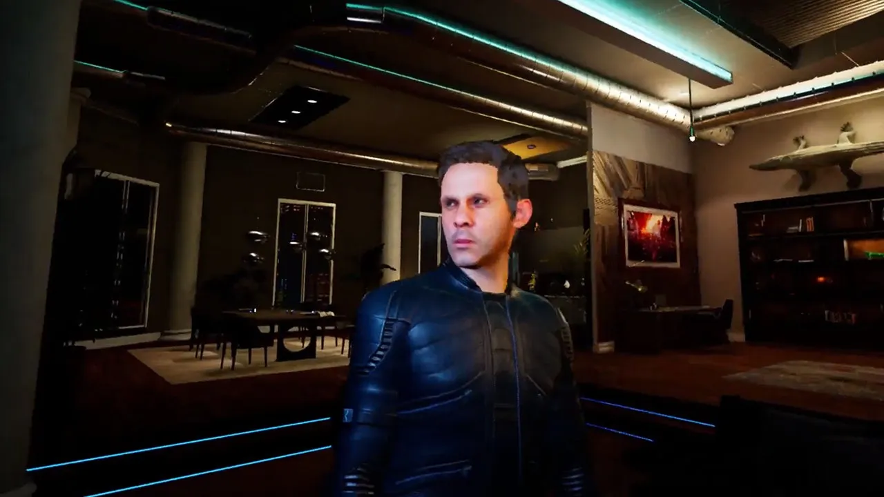 Dark Threads photorealistic 3D avatar of Dominic Monaghan standing inside the apartment environment