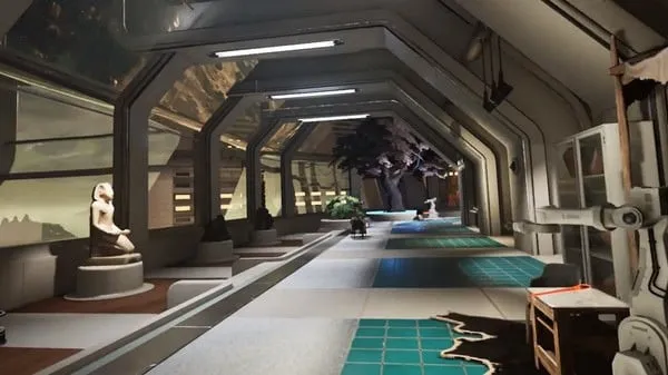 Dark Threads VR hallway with distorted perspective and memory fragments embedded in the walls