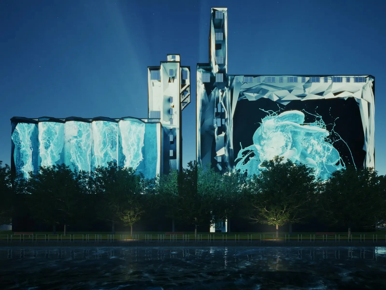 Pre-show visualization of Dissolving Boundaries on the Canada Malting Silos, water cascading down the silo bins and a liquid splash across the main facade, seen from across the harbour