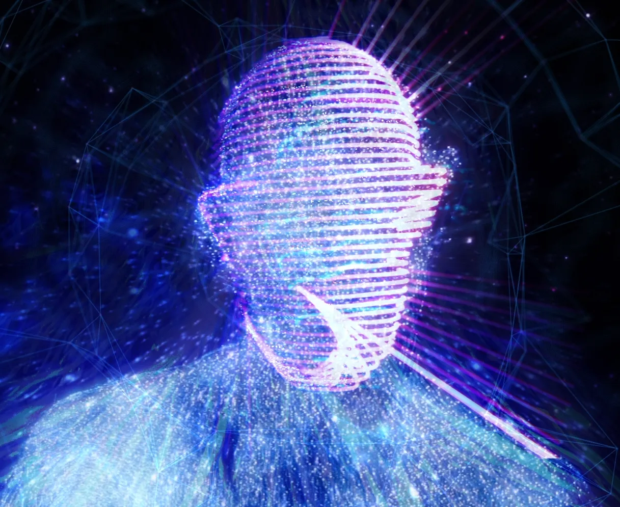 Patrick Olsen Emergence point-cloud bust portrait rendered in dense colored particles against a dark stage backdrop