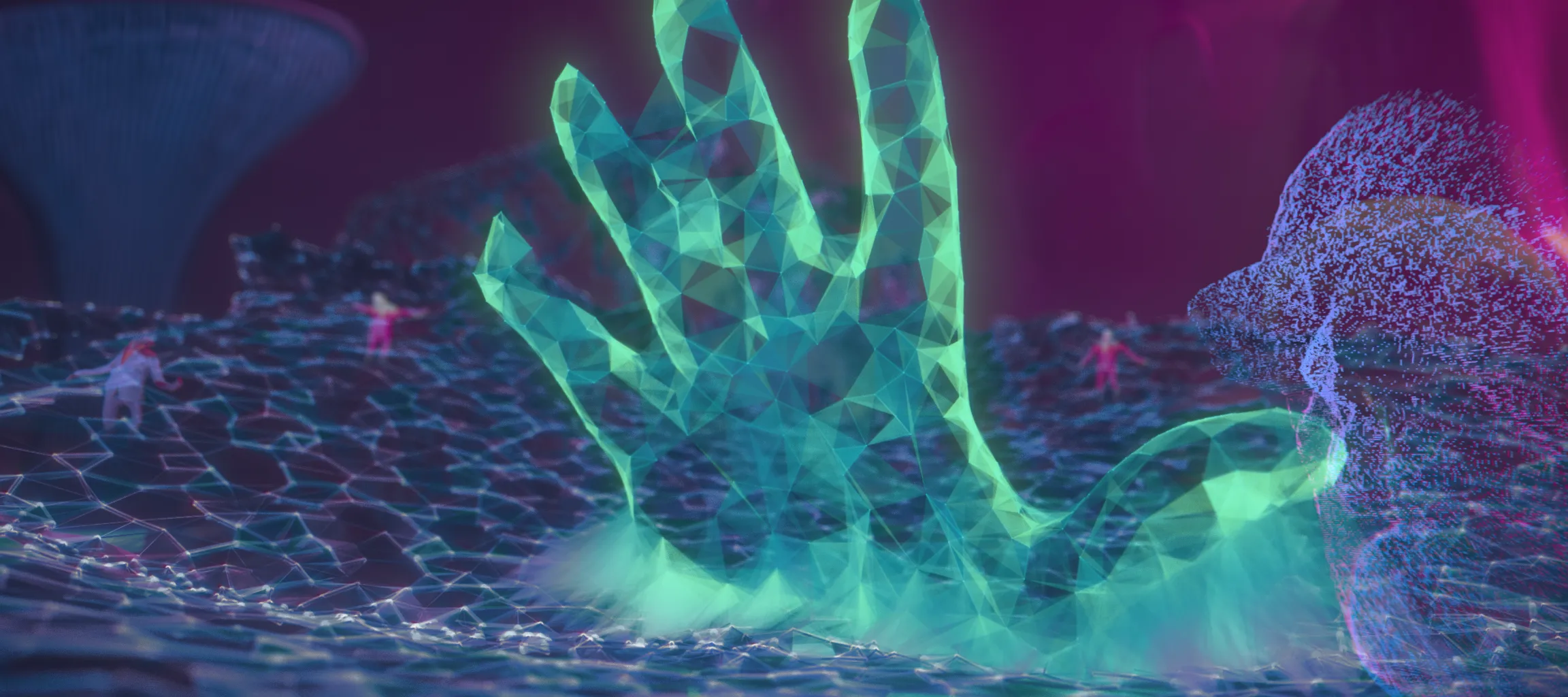 Patrick Olsen Emergence point-cloud hand detail showing the fine particle density achieved via Azure Kinect capture