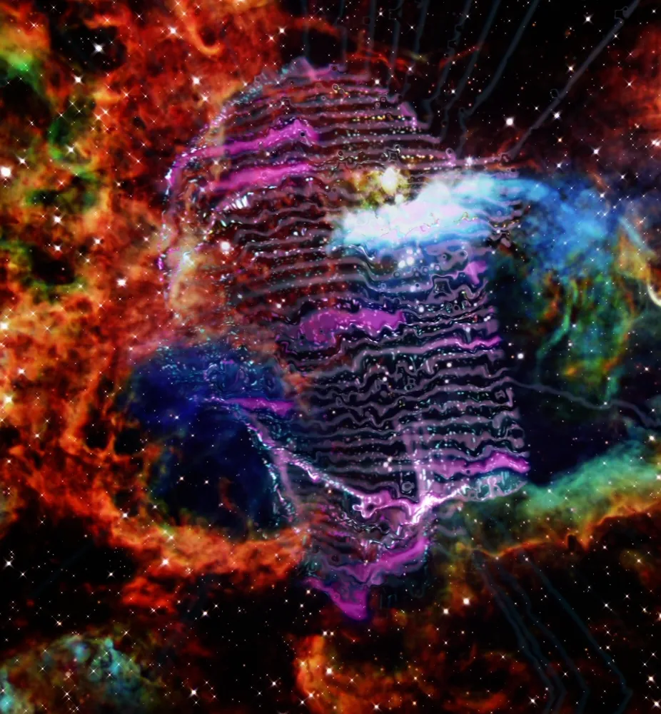 Patrick Olsen Emergence full spatial point cloud filling the performance volume with cosmic particle imagery around the performer