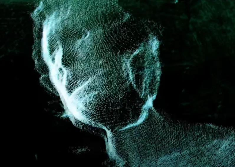 Joseph of Mercury MVA point-cloud portrait in cyan against a dark background, captured with Kinect depth sensing