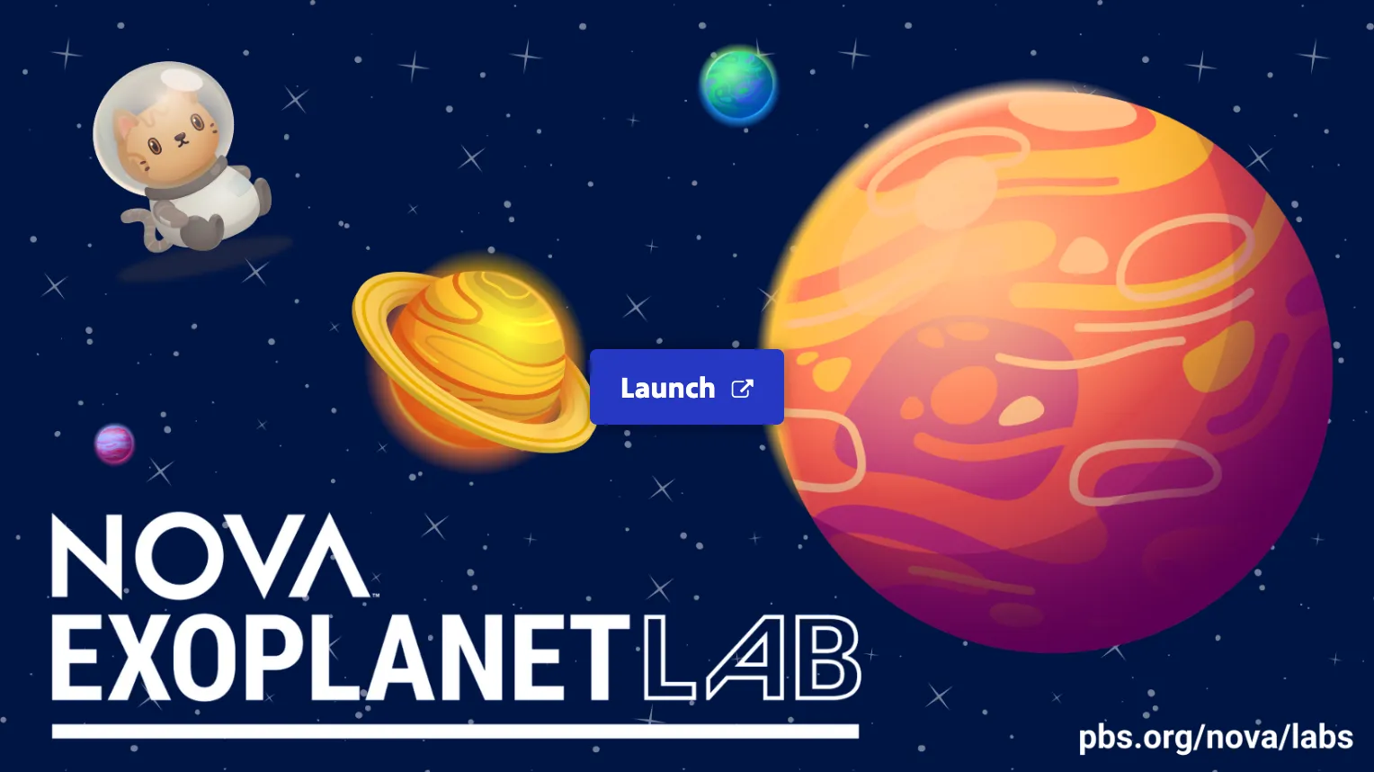 PBS NOVA Exoplanet Lab title screen featuring a NOVAnaut character against a star field backdrop