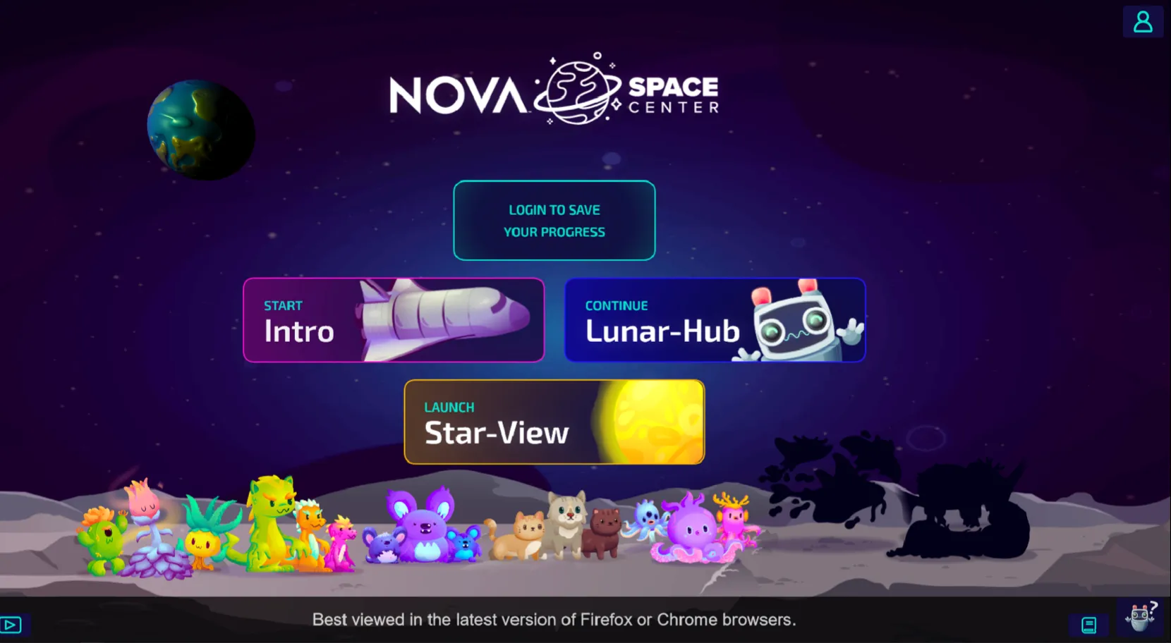 PBS NOVA Exoplanet Lab mission start screen showing a NOVAnaut boarding their spacecraft