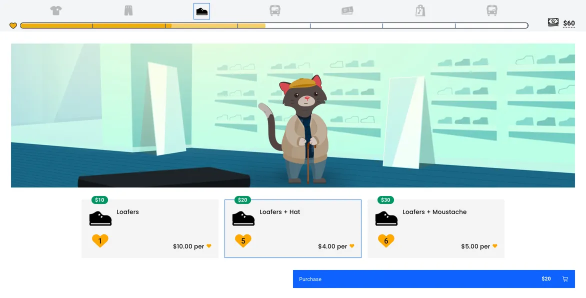 PBS NOVA Financial Lab first mini-game showing a shopping decision with opportunity cost consequences