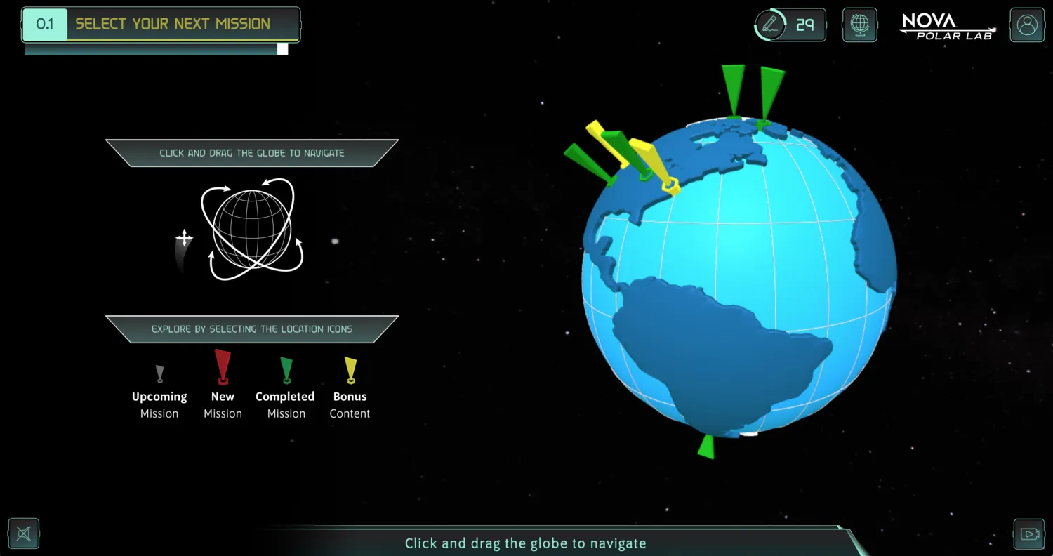 PBS NOVA Polar Lab mission selection screen with global location options for climate study