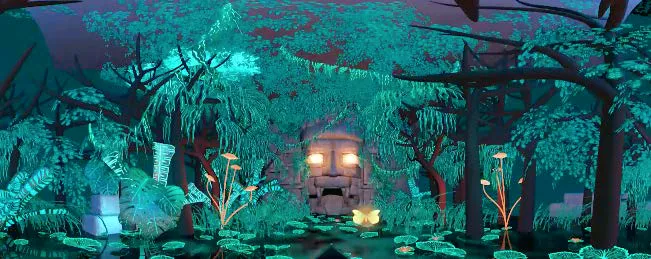 UP Cannabis immersive VR jungle world with psychedelic hand-painted foliage reacting to music