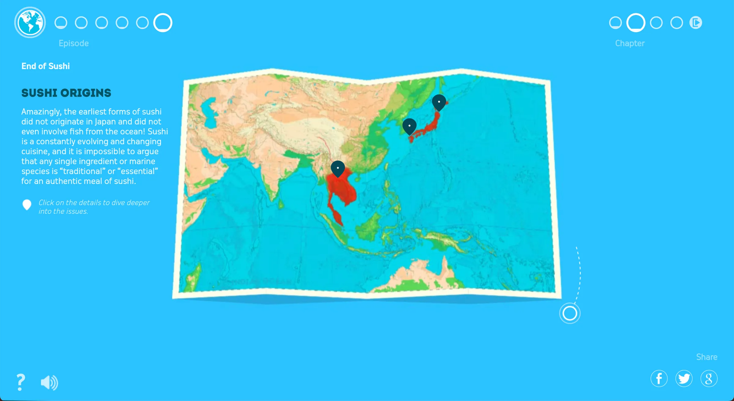 Water Brothers Dive Deeper global map marking hotspot locations for eco-story exploration