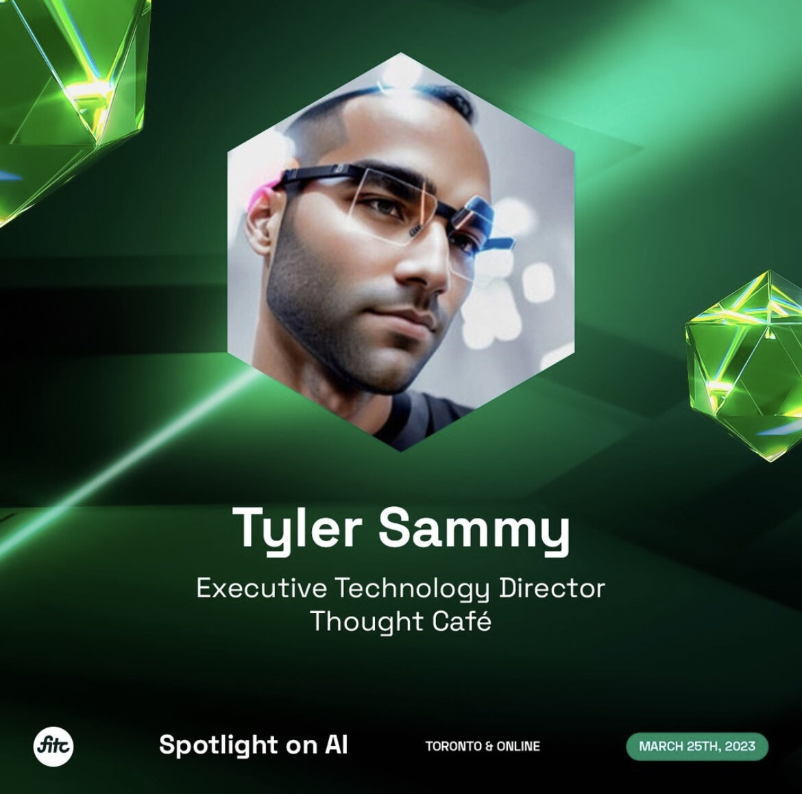 Tyler Sammy speaking at FITC Spotlight on AI, 2023