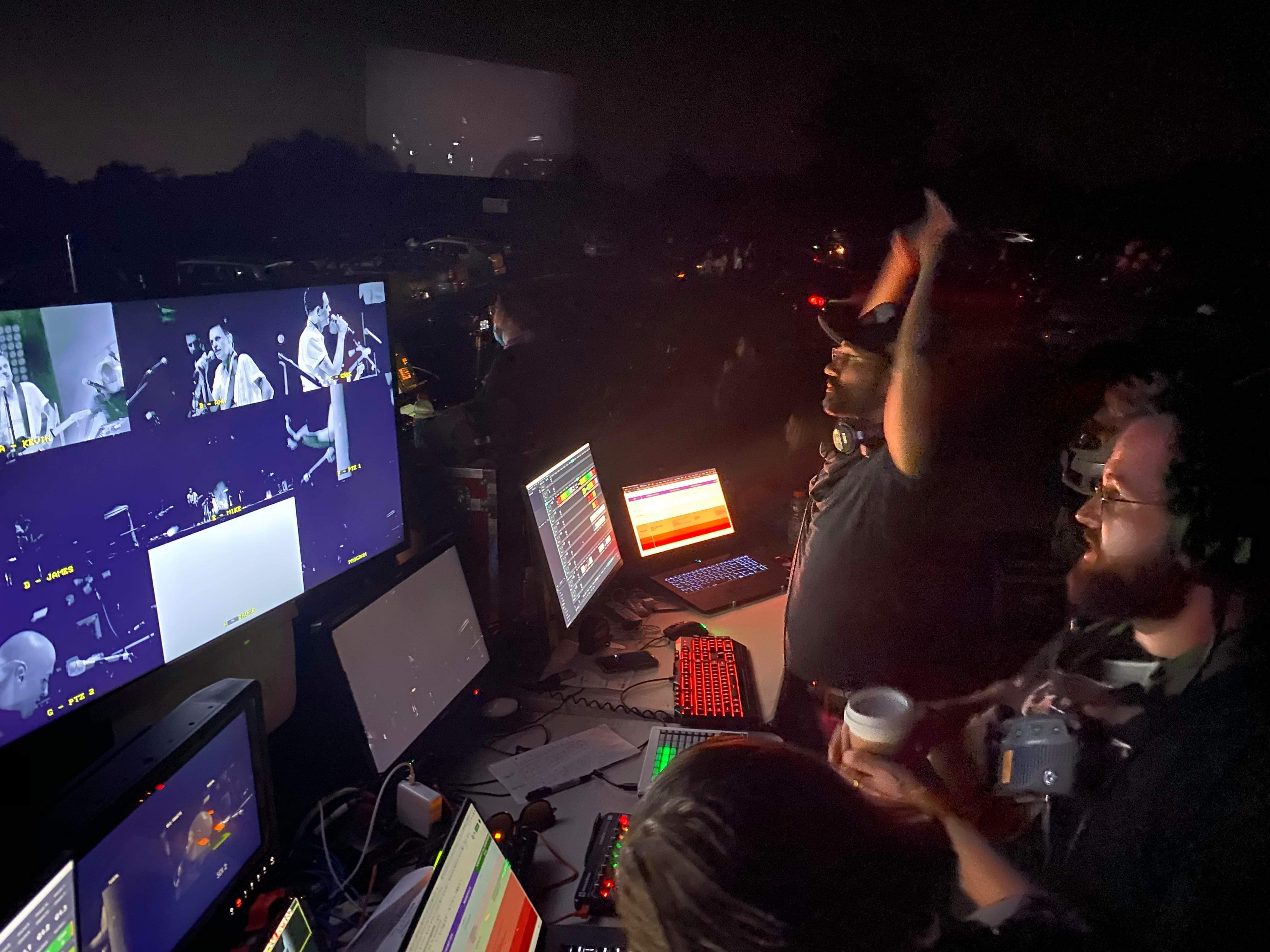 Tyler Sammy and Adam Crosby at the live production desk during July Talk Live at the Drive-In, 2020
